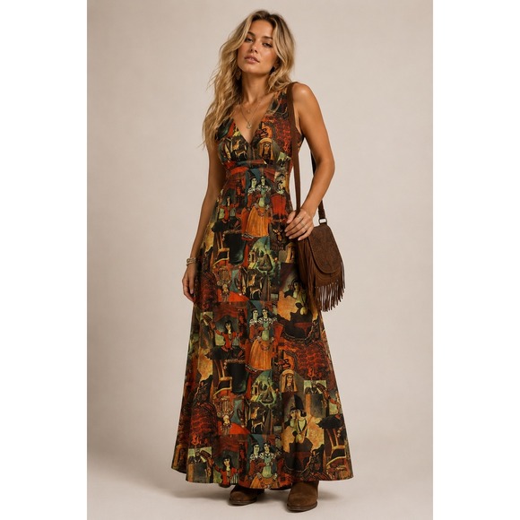 Dresses & Skirts - Vintage 70s Persian Art novelty Print Maxi Dress Graphic print S 8